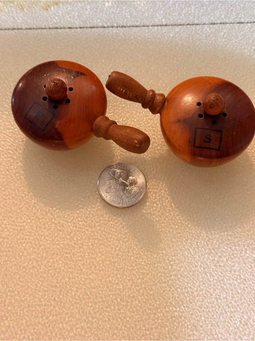 Vintage 1970 SC Tricentennial Carved Wooden Salt & Pepper Set in Warm Brown